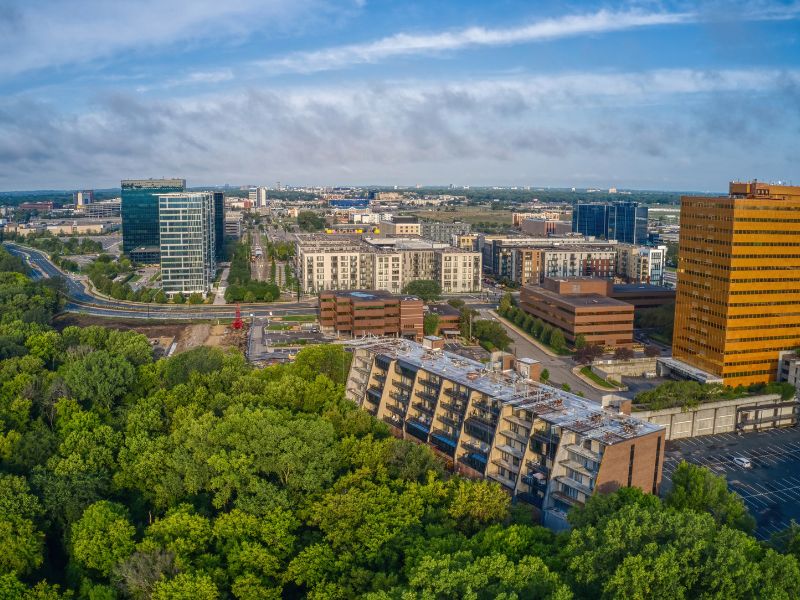 Aerial view of Bloomington with skylines